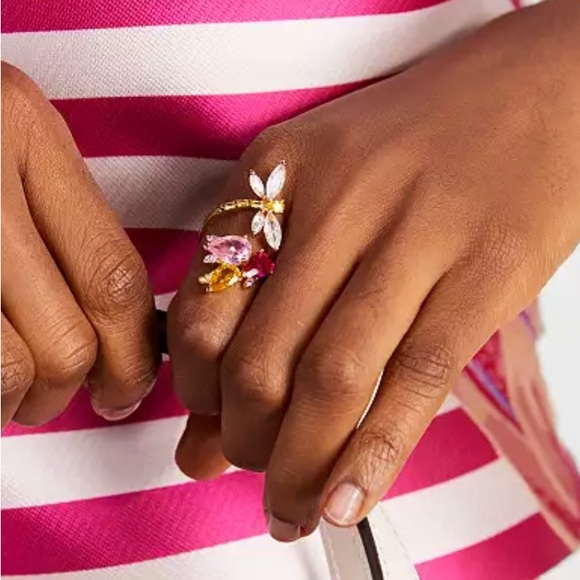 Kate Spade Greenhouse Floral Wrap Ring ~Rhinestone Dragonfly Tulip Cocktail Ring - Picture 3 of 6